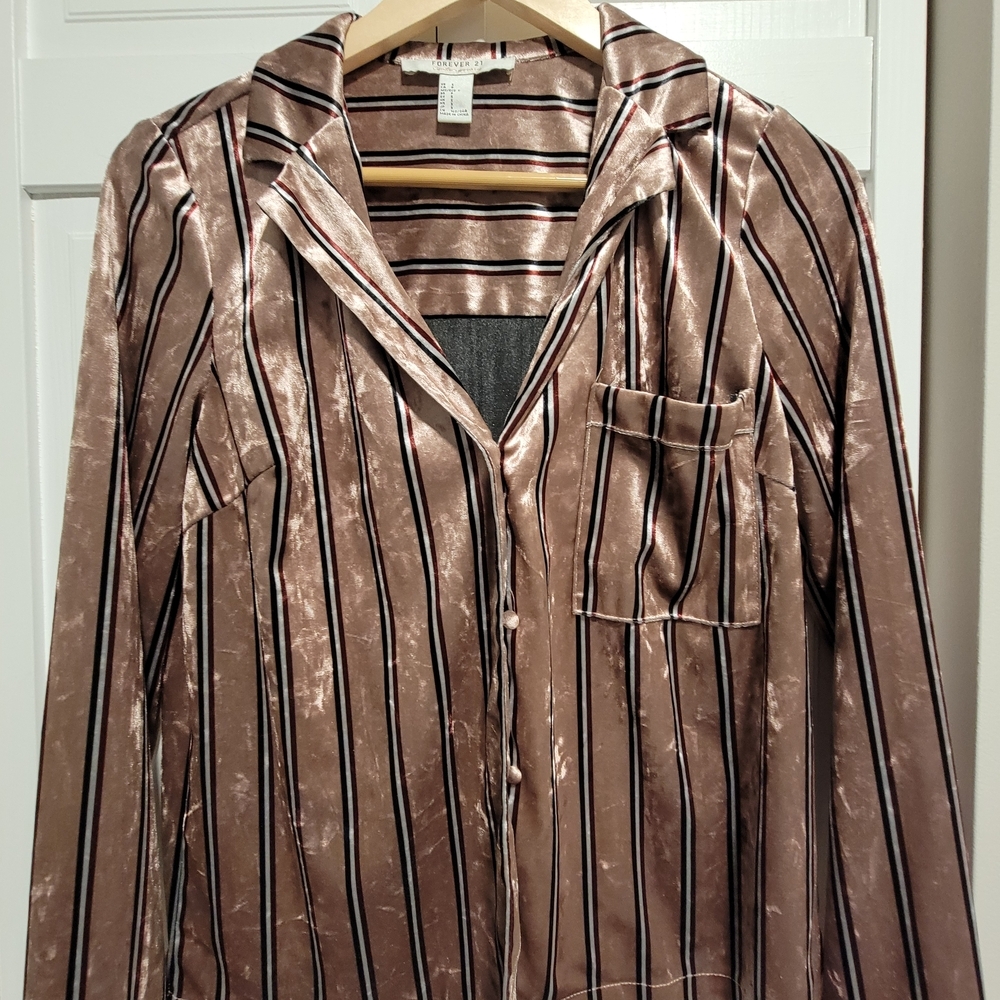 Forever 21 Pajama Top Pink Striped Velvet Shirt Small